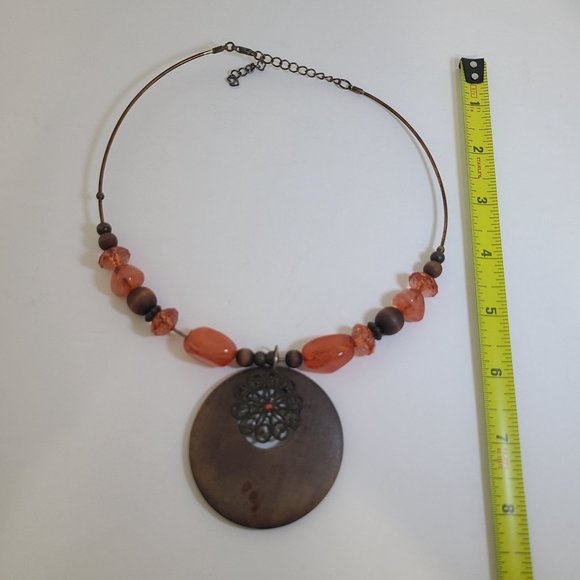 Copper beaded Necklace with wooden pendant - Picture 6 of 7